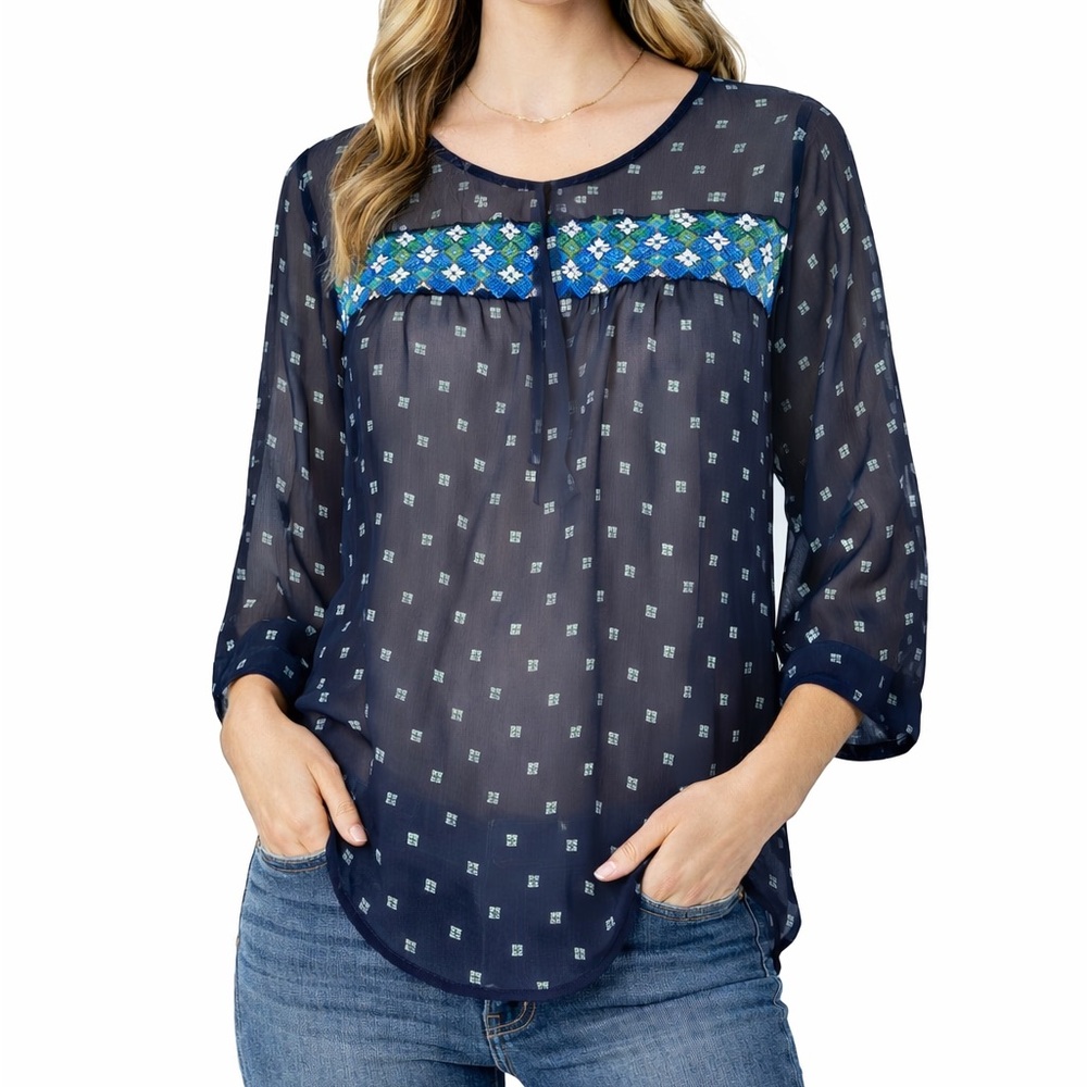 Hollister Navy Blue Embroidered Sheer Blouse‎ - Size Large